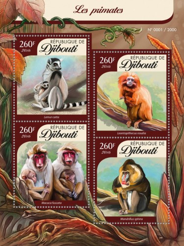 Primates (Lemur catta, Leontopithecus rosalia, Macaca fuscata, Mandrillus sphinx) | Stamps of DJIBOUTI