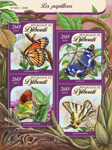 Butterflies (Limenitis archippus, Apatura iris, Teinopalpus imperialis, Ipiclides podalirius) | Stamps of DJIBOUTI