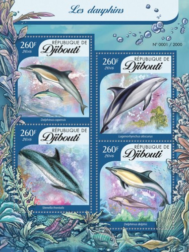 Dolphins (Delphinus capensis, Lagenorhynchus obscurus, Stenella frontalis, Delphinus delphis) | Stamps of DJIBOUTI
