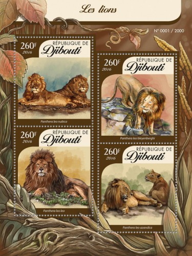 Lions (Panthera leo nubica, Panthera leo bleyenberghi, Panthera leo leo, Panthera leo azandica) | Stamps of DJIBOUTI