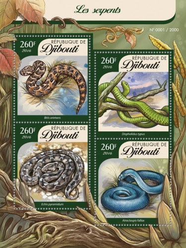 Snakes (Bitis arietans, Dispholidus typus, Echis pyramidium, Atractaspis fallax) | Stamps of DJIBOUTI