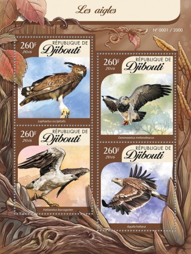 Eagles (Lophaetus occipitalis, Geranoaetus melanoleucus, Haliaeetus leucogaster, Aquila heliaca) | Stamps of DJIBOUTI