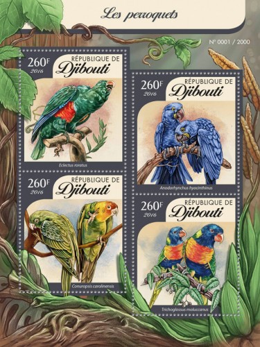 Parrots (Eclectus roratus, Anodorhynchus hyacinthinus, Conuropsis carolinensis, Trichoglossus moluccanus) | Stamps of DJIBOUTI
