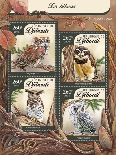 Owls (Megascops asio, Pulsatrix perspicillata, Bubo sumatranus, Ptilopsis leucotis) | Stamps of DJIBOUTI