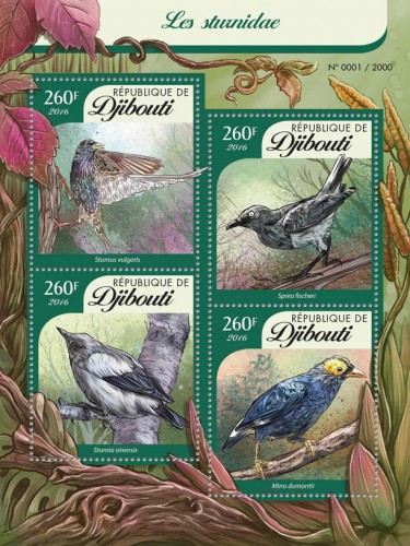Starlings (Sturnus vulgaris, Spreo fischeri, Sturnia sinensis, Mino dumontii) | Stamps of DJIBOUTI