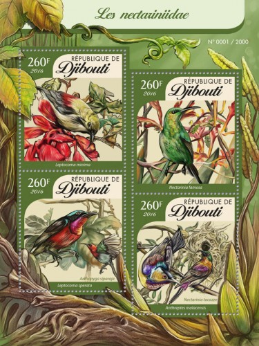 Sunbirds (Leptocoma minima, Nectarinia famosa, Leptocoma sperata, Anthreptes malacensis) | Stamps of DJIBOUTI