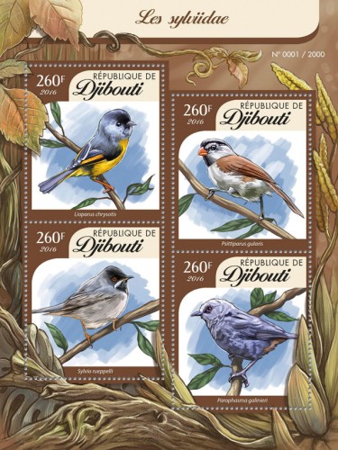 Songbirds (Lioparus chrysotis, Psittiparus gularis, Sylvia rueppelli, Parophasma galinieri) | Stamps of DJIBOUTI