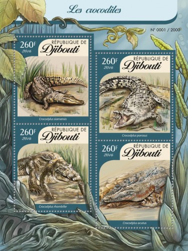 Crocodiles (Crocodylus siamensis, Crocodylus porosus, Crocodylus rhombifer, Crocodylus acutus) | Stamps of DJIBOUTI