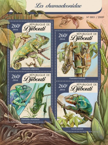 Chameleons (Chamaeleo calyptratus, Chameleon hoehnelii, chamaeleo chamaeleon, Furcifer pardalis) | Stamps of DJIBOUTI