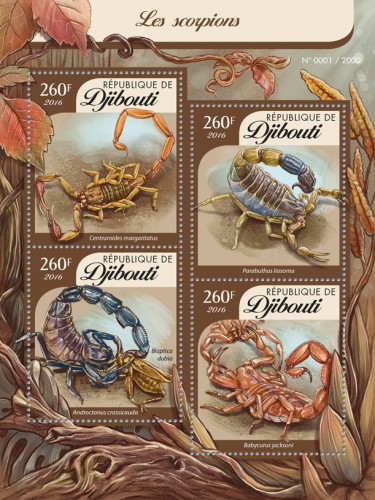 Scorpions (Centruroides margaritatus, Parabuthus liosoma, Androctonus crassicauda, Babycurus jacksoni) | Stamps of DJIBOUTI
