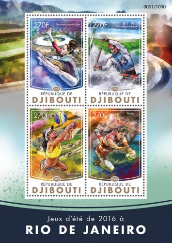 Rio 2016 Summer Games (Artistic gymnastics, canoe-kayak slalom, beach volleyball, rugby) | Stamps of DJIBOUTI