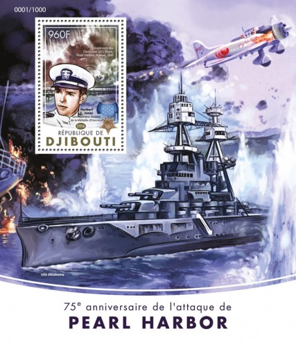 Pearl Harbor (75th anniversary of the attacking of Pearl Harbor; Explosion of Destroyer USS Shaw, Pearl Harbor, Hawaii, 1941; Herbert C. Jones awarded the Medal of Honor) | Stamps of DJIBOUTI