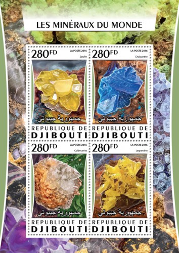Minerals of the world (Sulfur; Chalcanthite; Colemanite; Legrandite) | Stamps of DJIBOUTI