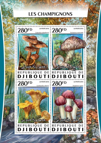 Mushrooms (Craterellus tubaeformis; Tricholoma matsutake; Cantharellus cibarius; Stropharia rugoso) | Stamps of DJIBOUTI