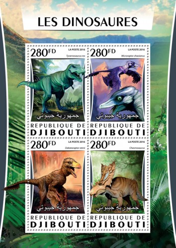 Dinosaurs (Tyrannosaurus rex; Microraptor zhaoianus; Dakotaraptor steini; Chasmosaurus) | Stamps of DJIBOUTI