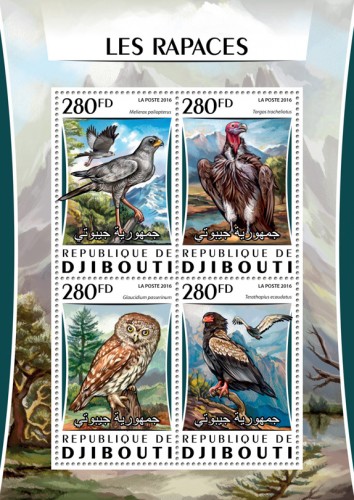 Raptors (Melierax poliopterus; Torgos tracheliotus; Glaucidium passerinum; Terathopius ecaudatus) | Stamps of DJIBOUTI