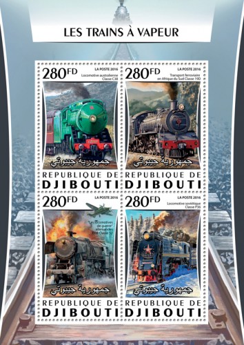 Steam trains (Locomotive Australian Class C38; Rail transport in South Africa Class 19D; German war locomotives DRB Class 52; Soviet class locomotive P36) | Stamps of DJIBOUTI