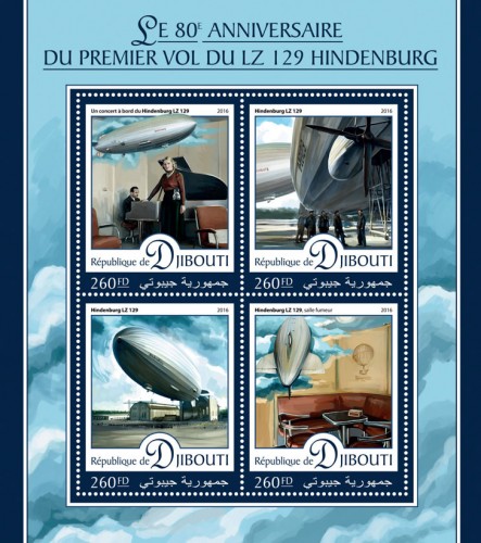 80th anniversary of the first flight of LZ 129 Hindenburg (A concert aboard the Hindenburg LZ 129; Hindenburg LZ 129; smoking room in Hindenburg LZ 129) | Stamps of DJIBOUTI