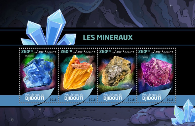 Minerals (Chalcanthite; Legrandite; Gadolinite; Fluorite) | Stamps of DJIBOUTI