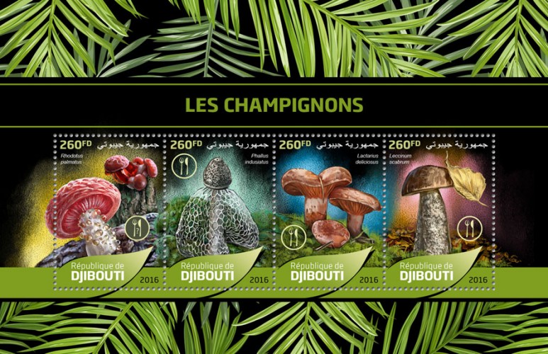 Mushrooms (Rhodotus palmatus; Phallus indusiatus; Lactarius deliciosus;  Leccinum scabrum) | Stamps of DJIBOUTI