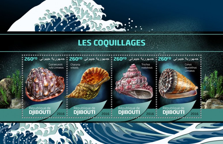 Seashells (Cypraecassis rufa Linnaeus; Charonia tritonis; Trochus nodulosus; Conus mustelinus Linnaeus) | Stamps of DJIBOUTI