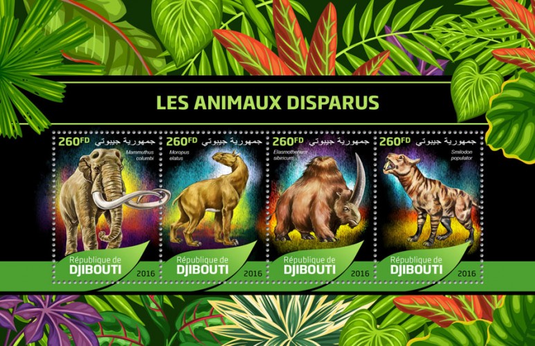 Extinct animals (Mammuthus columbi; Moropus elatus; Elasmotherium sibiricum; Smilodon populator) | Stamps of DJIBOUTI