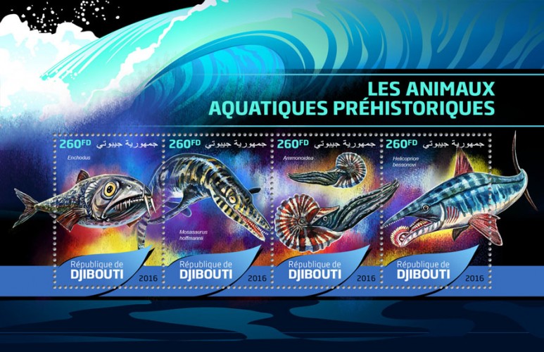 Prehistoric water animals (Enchodus; Mosasaurus hoffmannii; Ammonoidea; Helicoprion bessonovi) | Stamps of DJIBOUTI