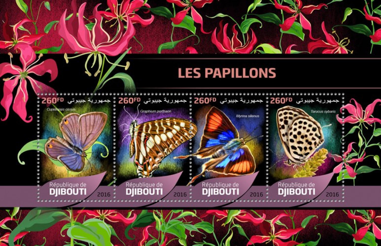 Butterflies (Cupidopsis cissus; Graphium porthaon; Myrina silenus; Tarucus sybaris) | Stamps of DJIBOUTI