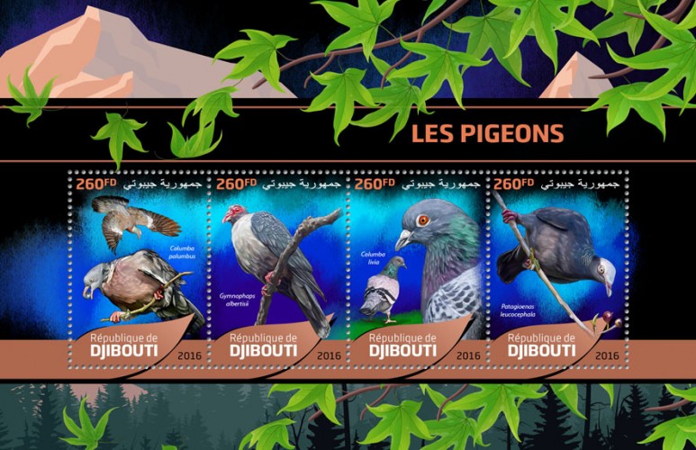 Pigeons (Columba palumbus; Gymnophaps albertisii; Columba livia; Patagioenas leucocephala) | Stamps of DJIBOUTI