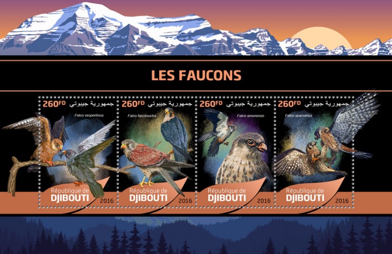 Hawks (Falco vespertinus; Falco fasciinucha; Falco amurensis; Falco sparverius) | Stamps of DJIBOUTI