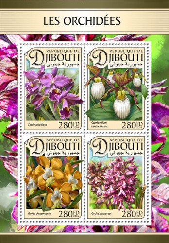 Orchids (Cattleya labiate; Cypripedium kentuckiense; Vanda denisoniana; Orchis purpurea) | Stamps of DJIBOUTI
