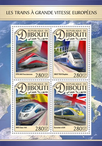 European speed trains (ETR 500 Frecciarossa; SNCF TGV Duplex; AVE Class 103; Eurostar e320) | Stamps of DJIBOUTI