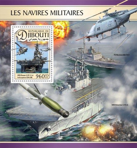 Military ships (USS Essex (LHD 2) and helicopter CH-53E) | Stamps of DJIBOUTI