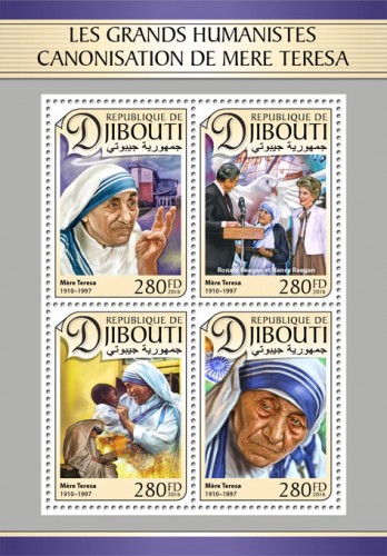 Grand humanists: canonization of Mother Teresa (Mother Teresa (1910–1997), Ronald Reagan and Nancy Reagan) | Stamps of DJIBOUTI