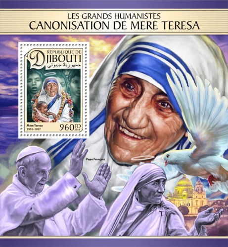 Grand humanists:  canonization of Mother Teresa (Mother Teresa (1910–1997)) | Stamps of DJIBOUTI