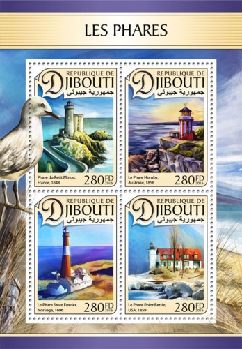 Lighthouses (Phare du Petit Minou Lighthouse, France, 1848; Hornby Lighthouse, Australia, 1858; Store Færder Lighthouse, Norway, 1696; Point Betsie Lighthouse, USA, 1859) | Stamps of DJIBOUTI