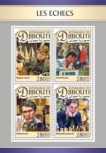 Chess (Magnus Carlsen; Anatoli Karpov; Bobby Fischer; Mariya Mouzytchouk) | Stamps of DJIBOUTI