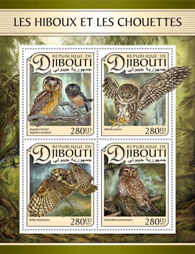 Owls (Aegolius harrisii, Aegolius acadicus; Athene noctua; Bubo virginianus; Glaucidium passerinum) | Stamps of DJIBOUTI