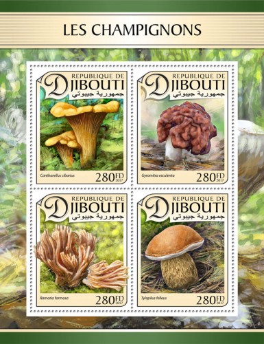 Mushrooms (Cantharellus cibarius; Gyromitra esculenta; Ramaria formosa; Tylopilus felleus) | Stamps of DJIBOUTI