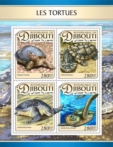 Turtles (Batagur trivittata; Chelus fimbriatus; Lepidochelys kempii; Lepidochelys olivacea) | Stamps of DJIBOUTI