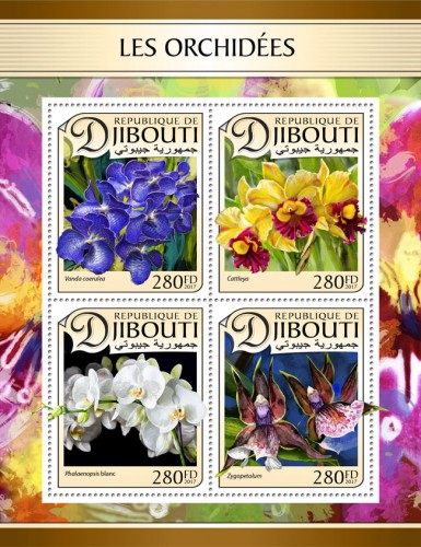 Orchids (Vanda coerulea; Cattleya; White Phalaenopsis; Zygopetalum) | Stamps of DJIBOUTI