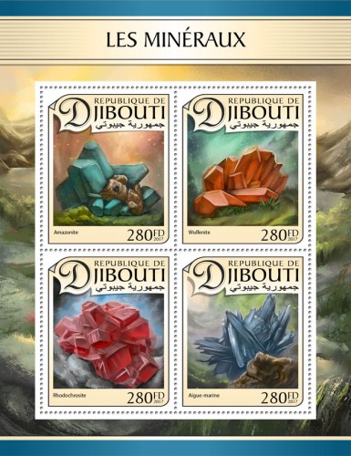Minerals (Amazonite; Wulfenite; Rhodochrosite; Aquamarine) | Stamps of DJIBOUTI