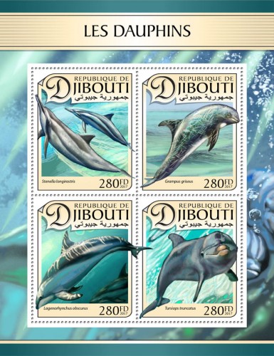 Dolphins (Stenella longirostris; Grampus griseus; Lagenorhynchus obscurus; Tursiops truncatus) | Stamps of DJIBOUTI