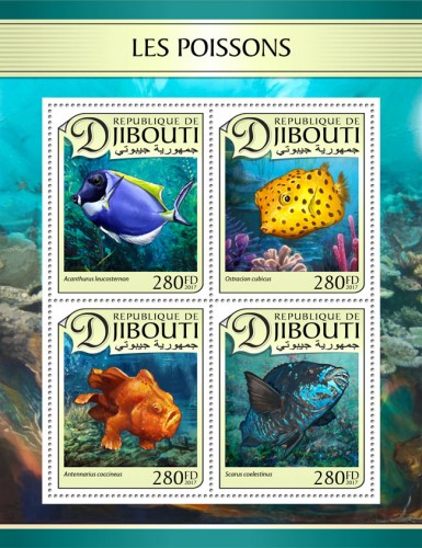 Fishes (Acanthurus leucosternon; Ostracion cubicus; Antennarius coccineus; Scarus coelestinus) | Stamps of DJIBOUTI