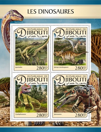 Dinosaurs (Iguanodon; Spinops sternbergorum; Cryolophosaurus; Spinosaurus) | Stamps of DJIBOUTI