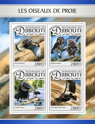 Birds of prey (Caracara plancus; Aegolius acadicus; Coragyps atratus; Gymnogyps californianus) | Stamps of DJIBOUTI