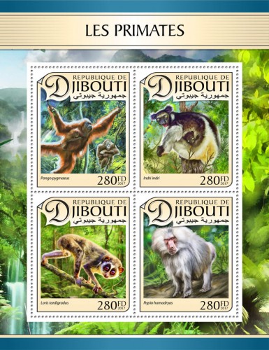 Primates (Pongo pygmaeus; Indri indri; Loris tardigradus; Papio hamadryas) | Stamps of DJIBOUTI