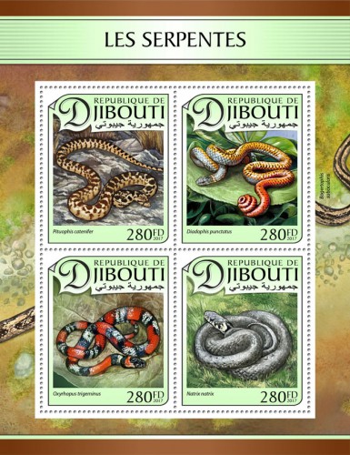 Snakes (Pituophis catenifer; Diadophis punctatus; Oxyrhopus trigeminus; Natrix natrix) | Stamps of DJIBOUTI