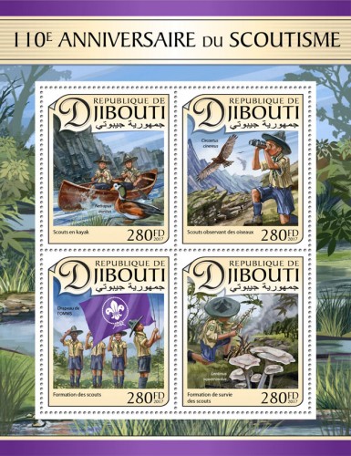 110th anniversary of Scouts movement (Scouts in kayak, Nettapus auritus; Scout watching birds, Circaetus cinereus; Formation of scouts, Flag of WOSM; Scouts’ survival training, Lentinus squarrosolus) | Stamps of DJIBOUTI