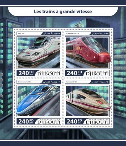 Speed trains (Talgo 350; NTV Alstom AGV 575; 500 Series Shinkansen; AVE Class 103) | Stamps of DJIBOUTI